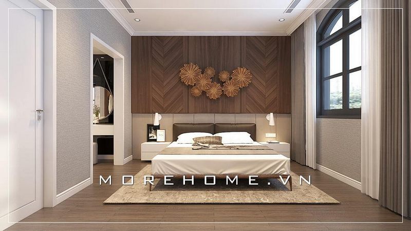 Giường ngủ hiện đại kiểu dáng thấp, khung giường được làm từ chất liệu gỗ óc chó nhập khẩu tự nhiên mang lại sự chắc chắn và thoải mái của gia chủ trong quá trình sử dụng